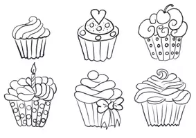 Vorschau - Mal- und Bastelvorlagen - Ausmalbilder: süße Muffins - Seite 1