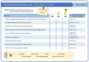 Vorschau - Arbeitsblätter - Selbsteinschätzungsbogen: Nullstellen, Schnittpunkte und Terme mit mehreren Variablen (editierbar) - Deckblatt