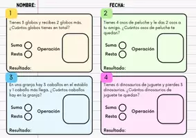 Vista previa - Refuerzo / NEE / Materiales de apoyo - Resolución de problemas matemáticos (Sumas y restas sencillas). 52 Textos cortos - página 1