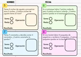 Vista previa - Refuerzo / NEE / Materiales de apoyo - Resolución de problemas matemáticos (Sumas y restas sencillas). 52 Textos cortos - página 2