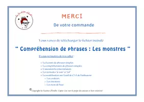 Aperçu - Feuilles d'exercices - Carte à pince compréhension de phrases "les monstres" - Page 1
