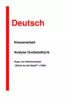 Vorschau - Klassenarbeiten - Klassenarbeit Großstadtlyrik Hofmannsthal - Deckblatt
