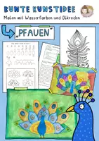 Vorschau - Stundenentwürfe - Bunte Kunstidee „Pfauen“, fertige Kunststunde mit Wasserfarben und Ölkreiden - Deckblatt
