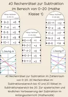 Vorschau - Arbeitsblätter - 40 Rechenrätsel Subtraktion im Zahlenraum 0-20 (Grundrechenarten) - Deckblatt