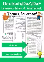 Vorschau - Arbeitsblätter - Bauernhof Leseverstehen und Wortschatz - DaZ/DaF, Deutsch, Sachunterricht - Deckblatt