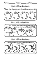 Vorschau - Arbeitsblätter - Lebensmittel Lesen, schneiden, malen - DaZ/DaF, Deutsch, Kunst, Zählen - Seite 1