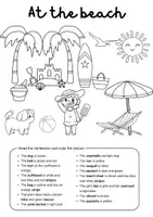 Vorschau - Arbeitsblätter - At the beach, Read and color - Ausmalbild | Englisch, Klasse 5./6., Summer time - Seite 1