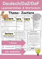 Vorschau - Arbeitsblätter - Zootiere Leseverstehen und Wortschatz - DaZ/DaF, Deutsch, Sachunterricht - Deckblatt