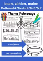 Vorschau - Arbeitsblätter - GRATIS Fahrzeuge Lesen, schneiden, malen - DaZ/DaF, Deutsch, Kunst, Zählen - Deckblatt