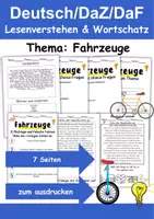 Vorschau - Arbeitsblätter - Fahrzeuge Leseverstehen und Wortschatz - DaZ/DaF, Deutsch, Sachunterricht - Deckblatt