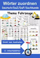 Vorschau - Arbeitsblätter - Wörter zuordnen Fahrzeuge, Wortschatz - DaZ/DaF, Deutsch - Deckblatt