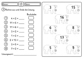 Vorschau - Arbeitsblätter - Rechenspuren Tiere ZR 20 mit ZÜ - Rechenspur 4-fach differenziert - Seite 1