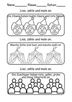 Vorschau - Arbeitsblätter - GRATIS Zirkus Lesen, schneiden, malen - DaZ/DaF, Deutsch, Kunst, Zählen - Seite 1