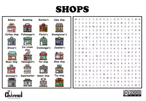 Vorschau - Arbeitsblätter - SHOPS IN TOWN – Word Search (20 Words) - Seite 1