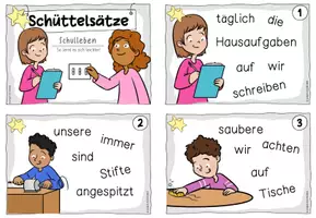 Vorschau - Aufgabenkarten - Schüttelsätze "Schulleben" Klassenregeln und Dienste - Seite 2