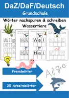 Vorschau - Arbeitsblätter - Wörter nachspuren und schreiben Tiere im Wasser - DaZ/DaF/Deutsch - Deckblatt