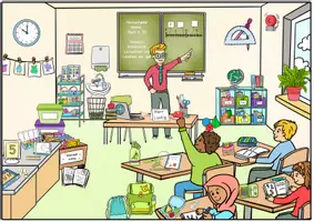 Vorschau - Arbeitsblätter - Wimmelbild Suchbild Schule, Klassenzimmer, Sprachförderung, Lesen - Seite 1