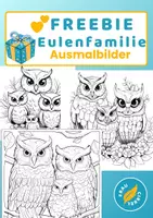 Vorschau - Mal- und Bastelvorlagen - Eulenfamilie zum Anmalen Freebie 3 Ausmalbilder - Deckblatt