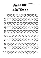 Vorschau - Arbeitsblätter - Zahlenmenge 1-10: Male die Herzen an (1.Kl) FREEBIE - Seite 1