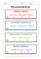 Vorschau - Arbeitsblätter - Fachbegriffe Grundrechenarten - Operatoren: Addieren, Subtrahieren, Multiplizieren, Dividieren - Deckblatt
