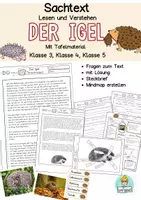 Vorschau - Arbeitsblätter - Sachtext der Igel Leseaufgabe in Klasse 3, Klasse 4, Klasse 5, Leseverstehen - Deckblatt