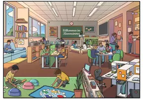 Vorschau - Poster - Wimmelbild "Im Klassenzimmer" Offene Lernformen / freies Lernen / geeignet für das Churermodell DaZ / DaF / Deutsch - Seite 1