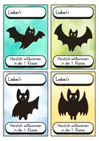 Vorschau - Bildkarten - Begrüßungskärtchen - Fledermaus für die Fledermausklasse - Willkommensgruß - Seite 1