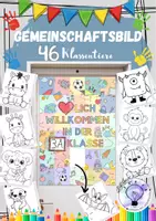 Vorschau - Mal- und Bastelvorlagen - Klassentier Willkommen Gemeinschaftsbild Kooperatives Poster - Deckblatt