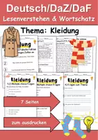 Vorschau - Arbeitsblätter - Kleidung/Klamotten Leseverstehen und Wortschatz - DaZ/DaF, Deutsch, Sachunterricht - Deckblatt