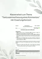 Vorschau - Klassenarbeiten - Klassenarbeit zum Thema "Textzusammenfassung eines Kommentars" inkl. Erwartungshorizont - Deckblatt