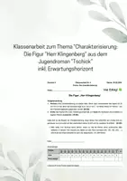 Vorschau - Klassenarbeiten - Klassenarbeit zum Thema "Charakterisierung der Figur Herr Klingenberg" aus dem Jugendroman "Tschick" inkl. Erwartungshorizont - Deckblatt