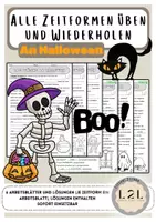 Vorschau - Arbeitsblätter - Halloween - Alle Zeitformen üben und wiederholen (Arbeitsblätter und Lösungen zu: Präsens, Präteritum, Perfekt, Plusquamperfekt, Futur 1, Futur 2) - Deckblatt