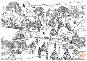 Vorschau - Mal- und Bastelvorlagen - Winterwimmelbild zum Ausmalen - Winterdorf malen - Seite 1