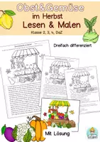 Vorschau - Stationenlernen - Lesen und Malen Herbst Obst und Gemüse Klasse 2, 3, 4, DaZ Leseaufgabe - Deckblatt
