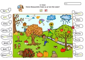 Vorschau - Arbeitsblätter - Wimmelbild Herbst Suchbild, Leseübung Bilder suchen Vorschule, Grundschule, Förderschule - Seite 3