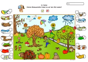 Vorschau - Arbeitsblätter - Wimmelbild Herbst Suchbild, Leseübung Bilder suchen Vorschule, Grundschule, Förderschule - Seite 1