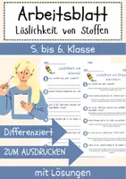 Vorschau - Arbeitsblätter - Löslichkeit von Stoffen Arbeitsblatt DaZ 5. & 6.Klasse Lösungsverhalten Arbeitsblatt mit Lösungen - Deckblatt