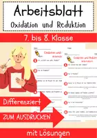 Vorschau - Arbeitsblätter - Oxidation und Reduktion Arbeitsblatt 7. & 8.Klasse Redoxreaktionen Arbeitsblatt mit Lösungen - Deckblatt