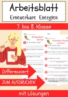 Vorschau - Arbeitsblätter - Erneuerbare Energien Arbeitsblatt 7. & 8.Klasse nachhaltige Energiequellen Arbeitsblatt mit Lösungen - Deckblatt