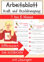 Vorschau - Arbeitsblätter - Kraft und Beschleunigung Arbeitsblatt 7. & 8.Klasse Bewegungsgesetze Arbeitsblatt mit Lösungen - Deckblatt