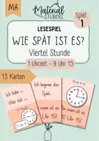 Vorschau - Stationenlernen - Lesespiel „Ich habe… wer hat…“ - Uhr - viertel Stunde - Spiel 1 - 1. Uhrzeit „9 Uhr 15“ - Deckblatt