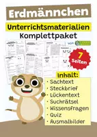 Vorschau - Arbeitsblätter - Erdmännchen Komplettpaket - mit Lesetext, Steckbrief, Lückentext, Suchsel, Quiz und Ausmalbildern - Deckblatt