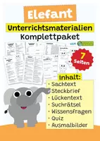 Vorschau - Mal- und Bastelvorlagen - Elefant Komplettpaket - mit Lesetext, Steckbrief, Lückentext, Suchsel, Quiz und Ausmalbildern - Deckblatt
