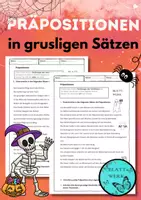 Vorschau - Arbeitsblätter - Halloween: Präpositionen in gruseligen Sätzen erkennen - Deckblatt