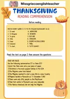 anteprima - Compiti in classe/Test - Thanksgiving Reading Comprehension Worksheet FREE PDF - Pagina di copertina