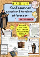 Vorschau - Unterrichtsreihen - Themenheft / Einheit Konfessionen evangelisch und katholisch ; Martin Luther ; Reformation 95 Thesen - differenziert - mit Lösung (Klasse 3 / 4) - Deckblatt