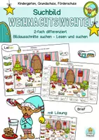 Vorschau - Arbeitsblätter - Suchbild Weihnachten Wichtel Wimmelbild, Bildausschnitte suchen, Vorschule, Klasse 1, 2, DaZ, Leseübung - Deckblatt