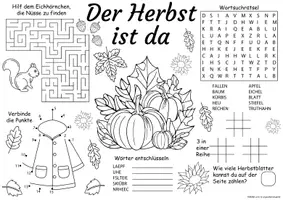 Vorschau - Spiele - Ausmalbilder Herbst - Spiel- & Rätselmatte "Herbst" | Herbst Rätsel | Aufgaben für Schnelle | Ich bin fertig Aufgaben | Lückenfüller - Seite 1