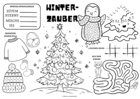 Vorschau - Mal- und Bastelvorlagen - Ausmalbilder Winter - Spiel- & Rätselmatte "Winter" - Rätseln & malen | Winter Rätsel | Aufgaben für Schnelle | Ich bin fertig Aufgaben | Lückenfüller - Seite 1
