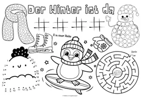 Vorschau - Arbeitsblätter - Ausmalbilder Winter - Spiel- & Rätselmatte "Winter" - Rätseln & malen | Winter Rätsel | Aufgaben für Schnelle | Ich bin fertig Aufgaben | Lückenfüller - Seite 1